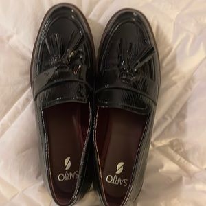 Black patent Sarto platform loafers